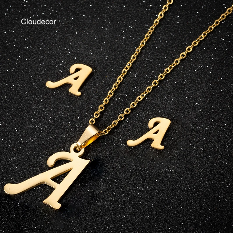 Stainless Steel Jewelry Set For Women Earrings And Necklace Accessories Fashion Ladies Initial Letter Jewelry Sets Made In China
