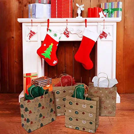 Xmas Custom Santa Claus New Year Party Gift Printed Craft Luxury Shopping Christmas Packaging Kraft Paper Gift Bag With Handles