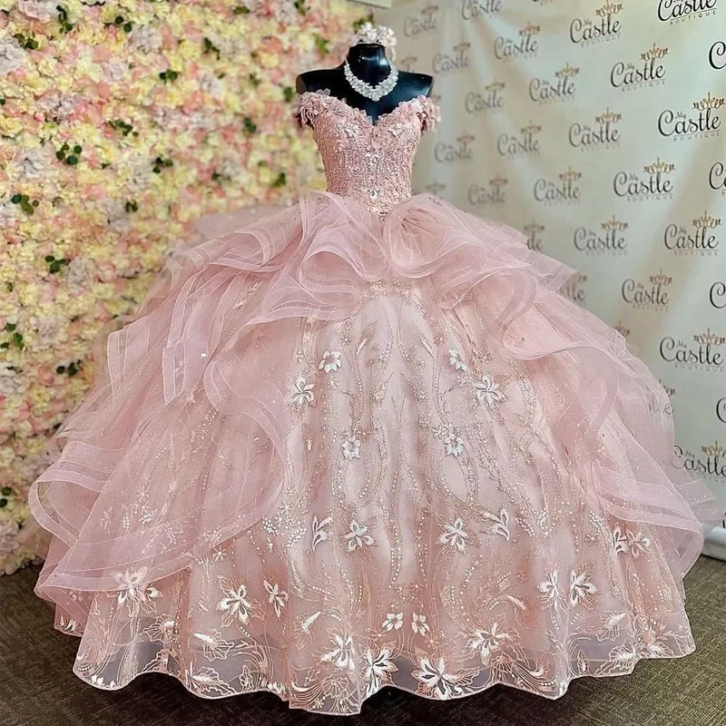 Off Shoulder Birthday Dance Party Sweet 16 Dress Vestido De 15 Prom Puffy Ball Gown Ruffled Pink Quinceanera Dresses MQ650