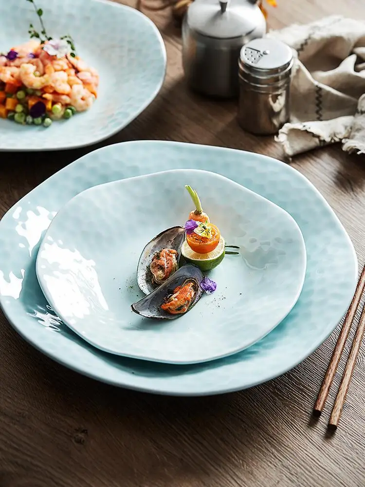 
10-inch Chinese ceramic irregular Light blue ceramic plate deep disc Western Tableware Food dish 