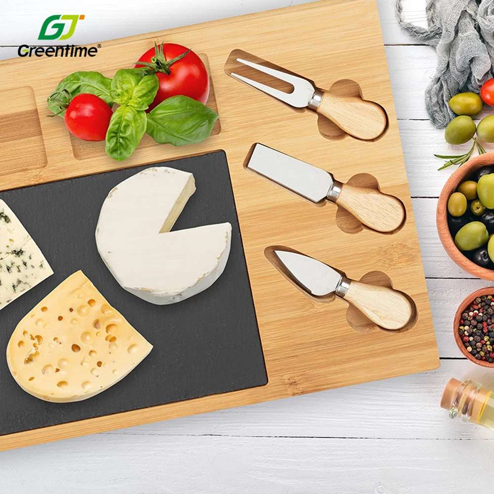 Custom Private Label Bamboo Wooden Charcuterie Platter Cheese Board Set With Cutlery 4 Pieces Stainless Steel