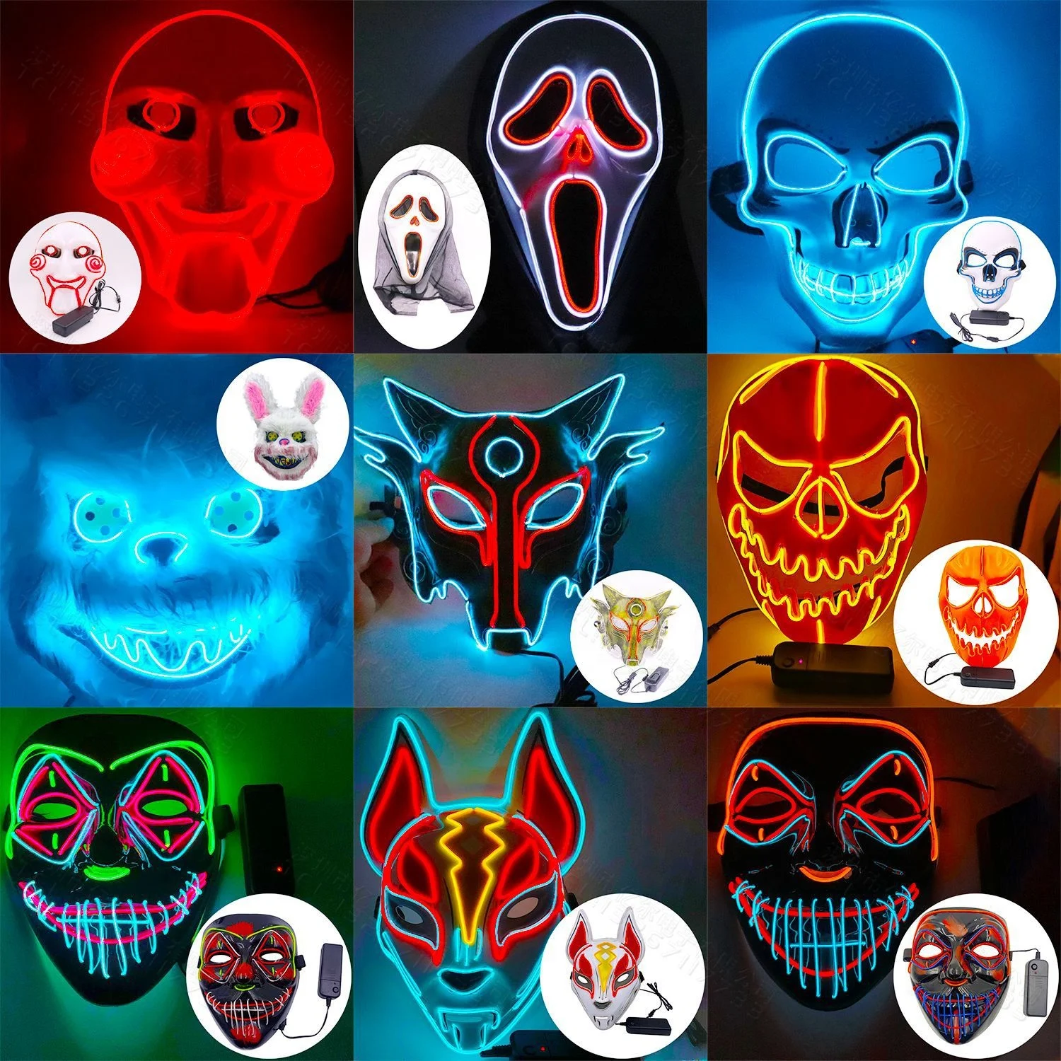 Halloween LED Glowing Mask Alien Zombie Panda Face Samurai Scary Tanuki Pumpkin Head Mask