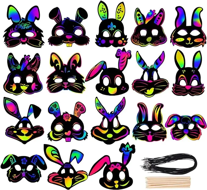 Easter Mask Craft Kit, 9 Pcs Scratch Art for Kids, Kids Magic Rabbit Masks, Scratch Paper Animal Masks  DIY Scratch Art for Hall