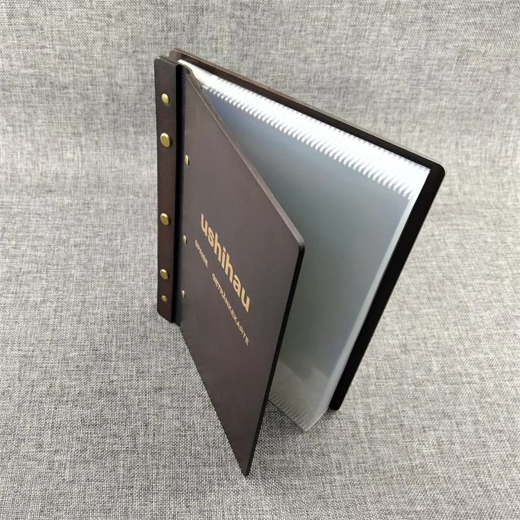 Customized Luxury Leather Strap Bamboo Wooden Cover Notebook Menu File Folder for Restaurant Hotel Wine Bar
