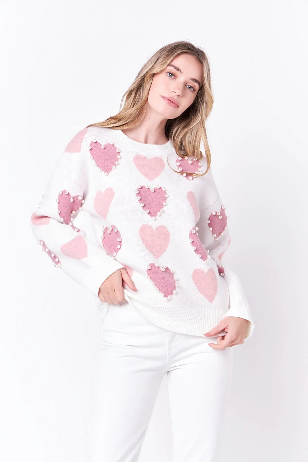 WINGTU Custom Private Label 3D Flower V Neck Pearl Pompom Heart Pattern Mock Sweater For Women