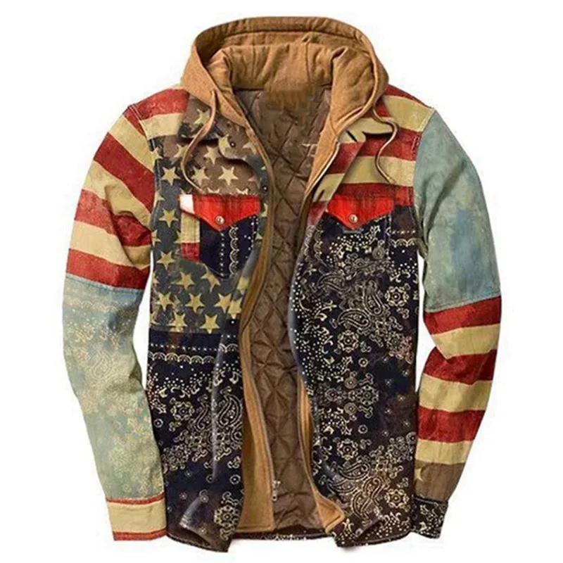 Thickened Cotton Printed Hooded Long Sleeve Button Warm Padded Flannel Winter Jacket Coat Mens