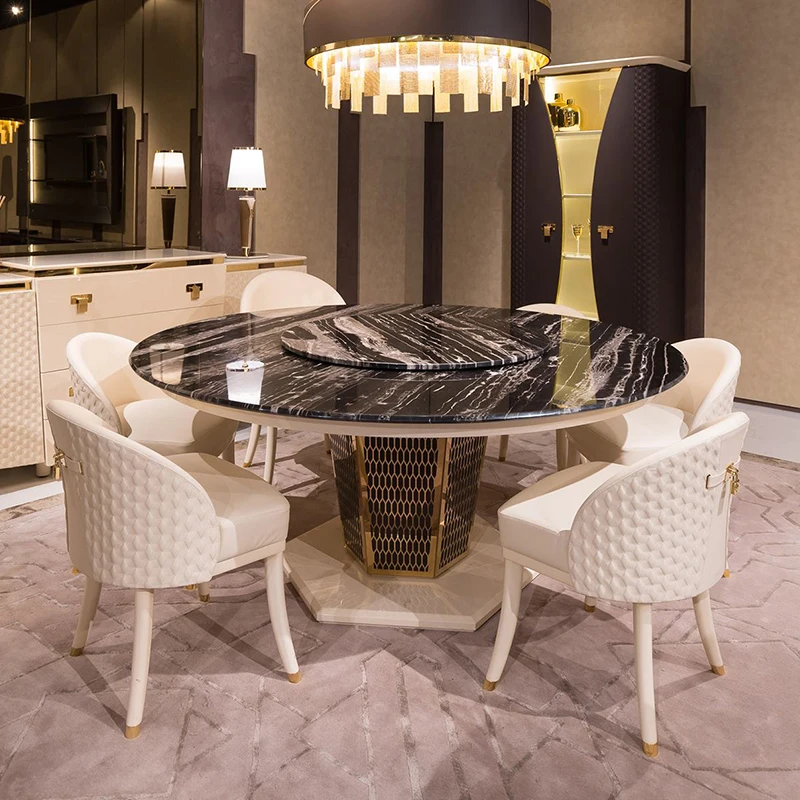 Italian design luxury high quality round dining table set 6 chairs stainless steel frame marble dining table set