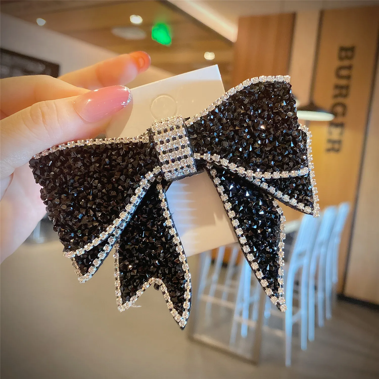 Korean Style Girls Headwear Handmade Luxury Rhinestone Crystal Beads Black Big Bow Barrette Hair Clip Hairgrip Hair Accessories