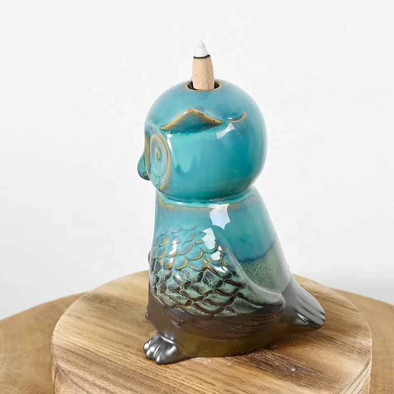 Blue glaze Owl style sculpture design incense cones waterfall Smoke Back Flow Ceramic Backflow Incense Burner