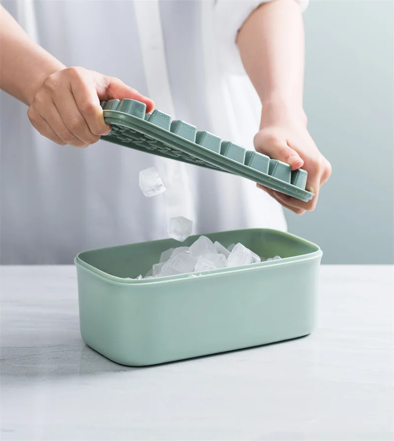 Pinmoo Plastic Ice Tray Square Shape Ice Cube Mold Freeze Mould Double Layer Ice Cream Maker Storage Box