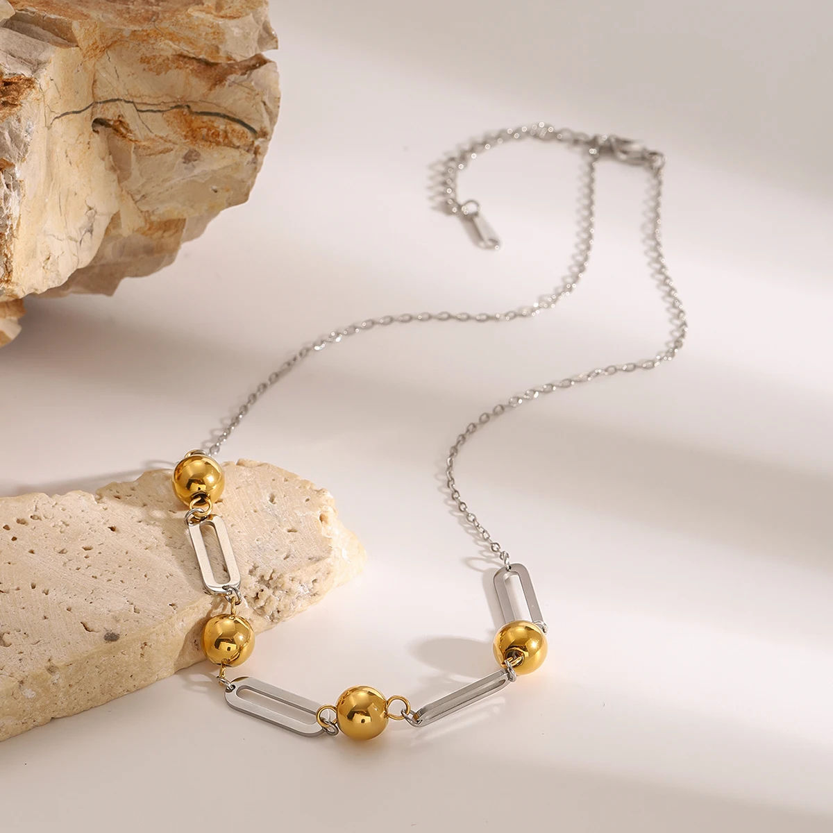 J&D 18k Gold Stainless Steel Two-Tone Ball Chain O-Link Necklace Minimalist Chic Layering Chain 41.5+5cm