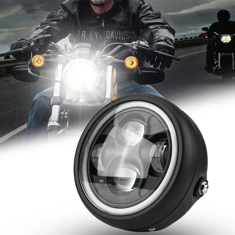 Universal Motorcycle led Headlight DC 12V Scooter Head Lamp with Brackets Moto Round Headlamp Motor Retro Black LED Front Lights