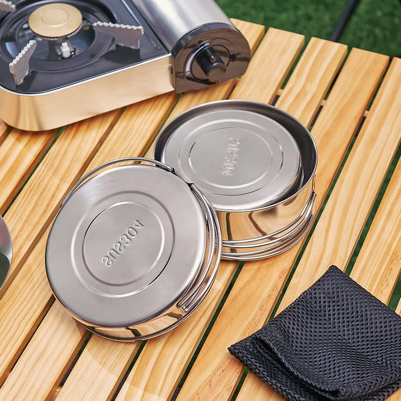 Stainless Steel Outdoor Cookware Set Pot Picnic Bowl Set Portable Pot Storage Camping Dinnerware Set