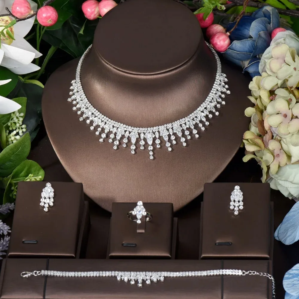 HIBRIDE Luxury 4pcs Earrings and Necklace Jewelry Set Round Design White Color Women Bridal Wedding Jewelry Accessories N-1540