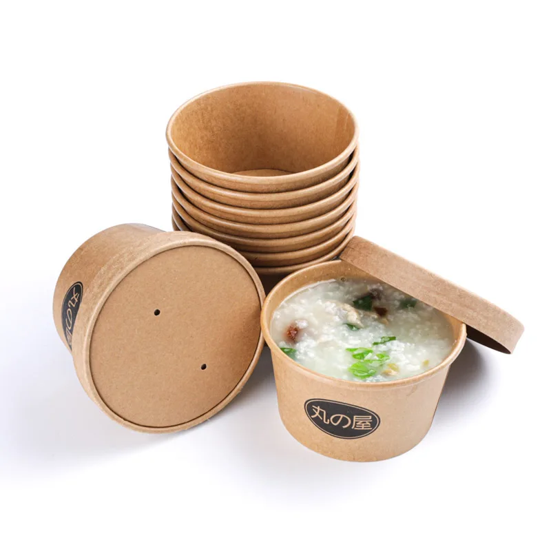 Custom Printing Disposable kraft paper soup Cup Take away food packing container white paper bowl salad bowl