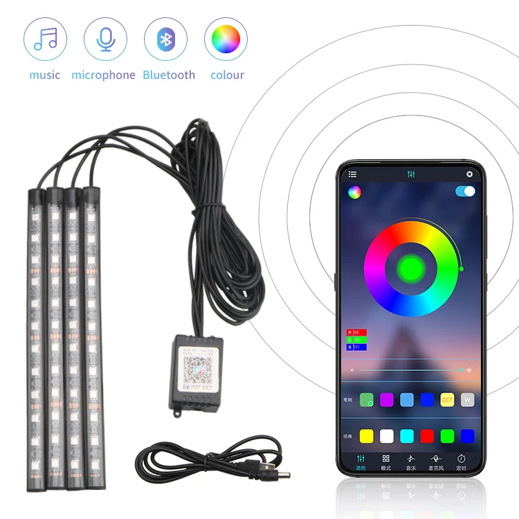 Цветная (RGB) салона комнатного светодиодного 4 шт. 48 светодиодная атмосферная с цветовой моделью RGB приложение управления для автомобиля световая полоса украшение интерьера фонари