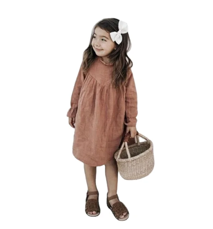 
kids dresses for girls 2020 autumn new product linum elastic cuff lace collar solid fashion 3-8 years dresses for girls 