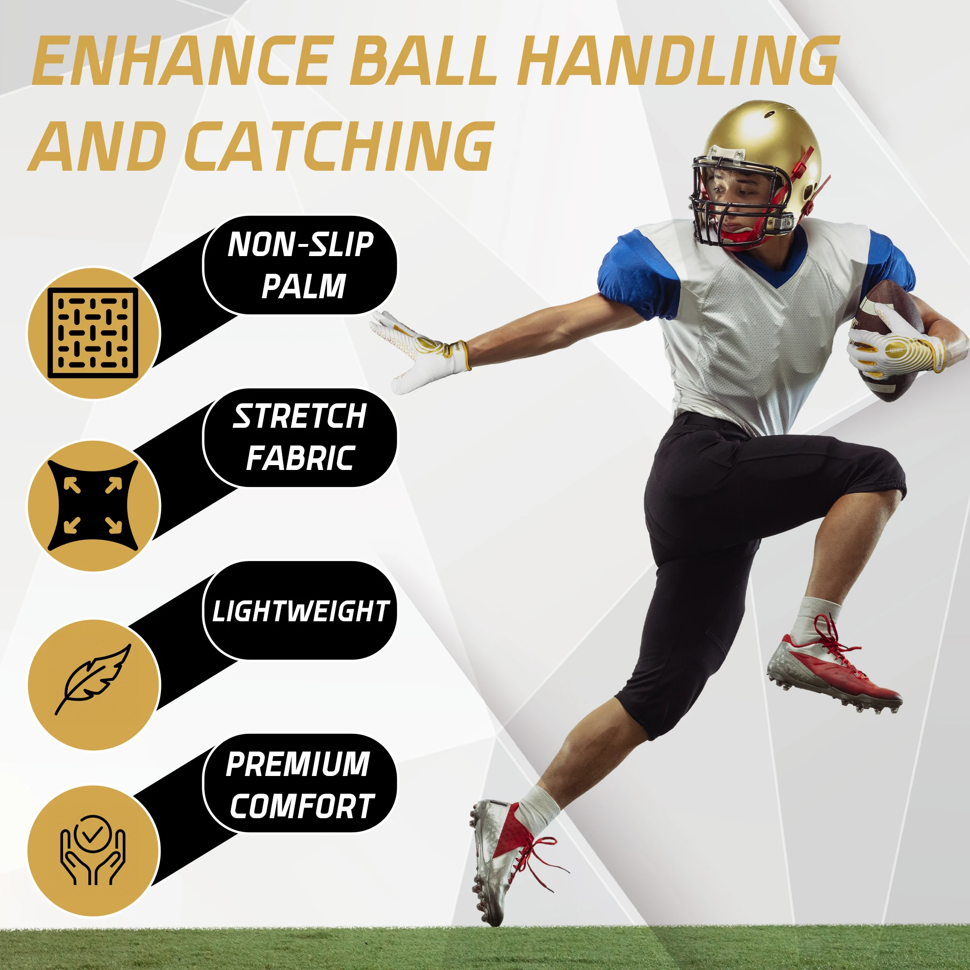 HANDLANDY brand stock wholesale golden Synthetic Leather silicone coating great grip Anti-slip kids American football gloves