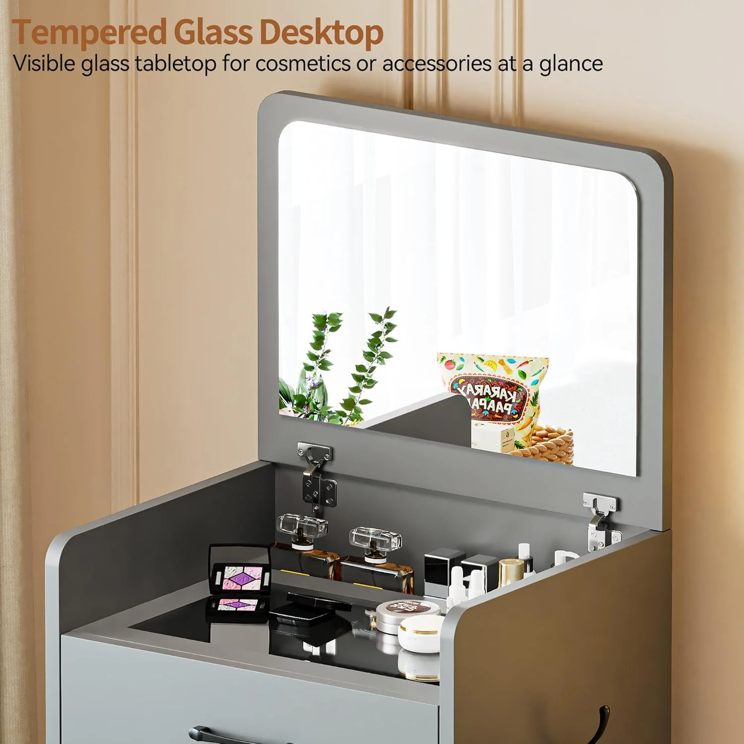 3 in 1 small Vanity Desk with flip Top Mirror Glass Desktop Cushion Tool Dressing Table for Bedroom 3 Drawers