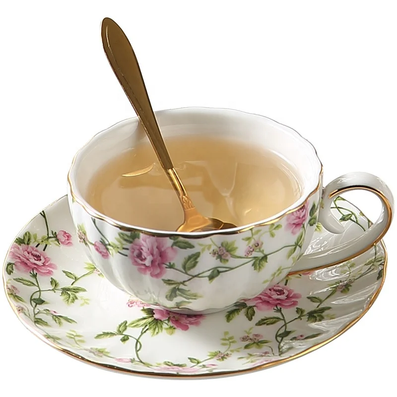 Ceramic farm style coffee cup and saucer set high quality Gold border red tea cup and pumpkin flower coffee cup and saucer