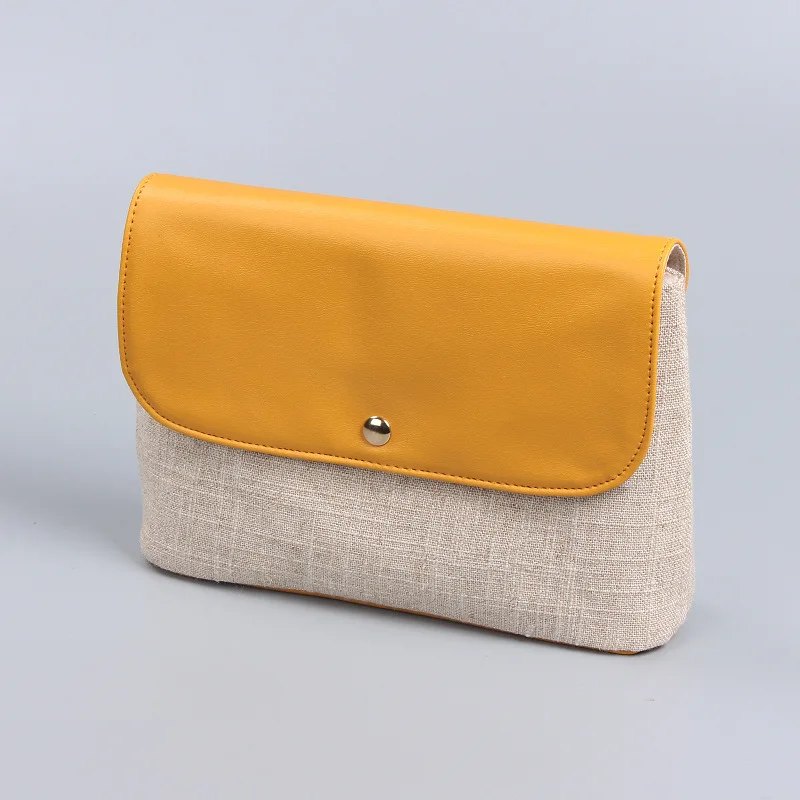 Natural Jute Makeup Bag PU Trim Flap Makeup Pouch Plain Toiletry Storage Bag Envelope Shape PU and Linen Cosmetic Bag