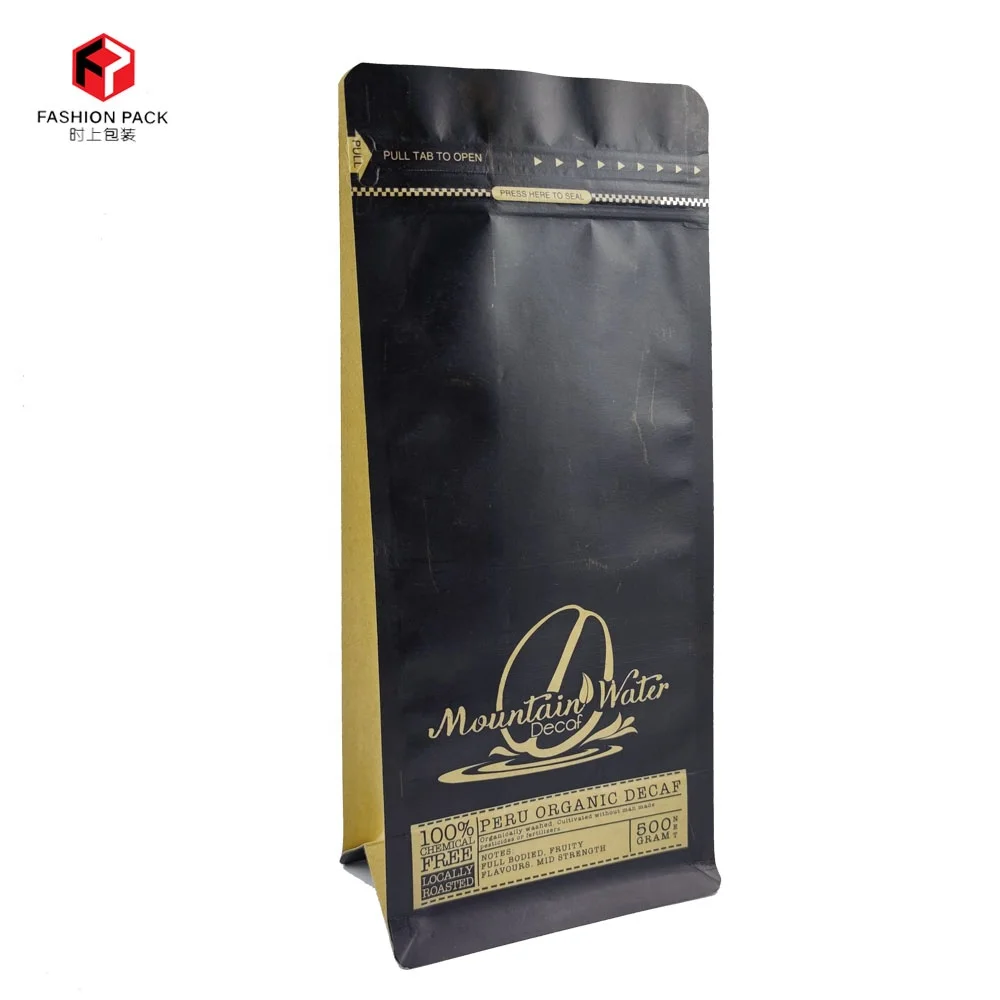 Custom Printed 12oz Matte Black Zip Lock Bag Flat Bottom Kraft Paper Coffee Packaging