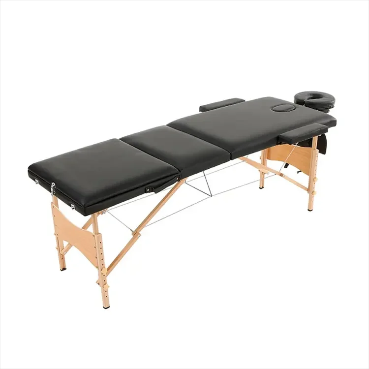High Quality Portable Lightweight Black 3-Fold Spa Moxibustion Bed Massage Table Full Body Beauty Style-Modern Solid Wooden PU