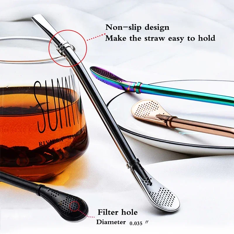 2in1 Stainless Steel Drinking Straw Spoon Tea Filter Yerba Mate Tea Straws Bombilla Gourd Reusable Tea Tools Bar Accessories