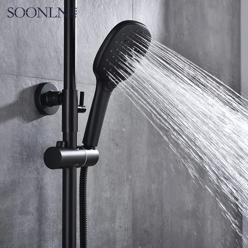 Custom Logo Water Matte Black Bathroom Shower Rain Shower Faucet Set With Slide Bar