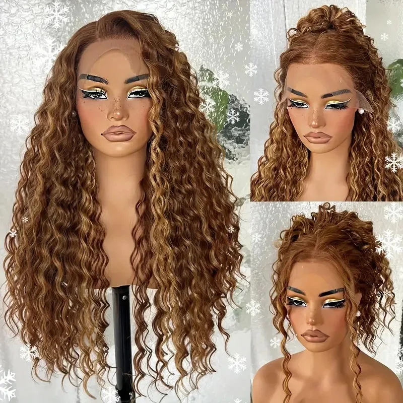 Lace long Kinky Curly Brown Wig Gradient Big  Long Dark Brown Curly Wigs Cambodian Hair for Black Women