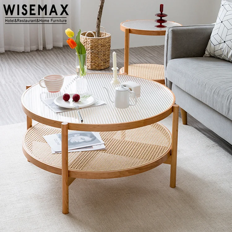 WISEMAX FURNITURE Japanese living room furniture solid wood rattan storage round clear tempered glass top coffee table tea table
