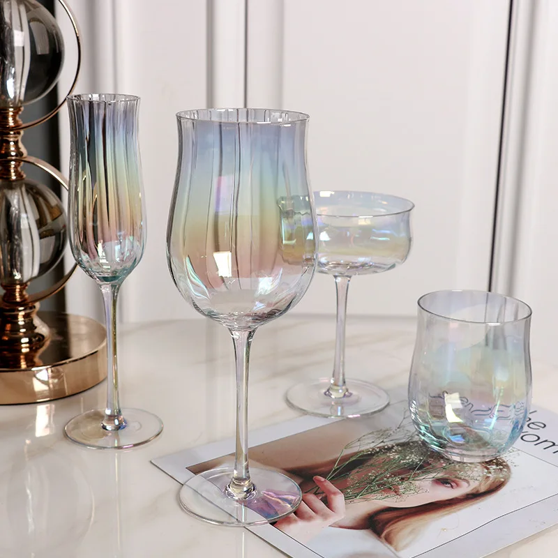 Nordic Colorful  Crystal Glass Cup Wholesale Creative Vertical Stripes Wine Glass with Gold Rim