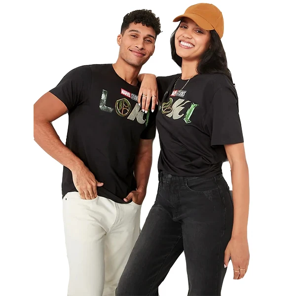 Black Couples Unisex Drop Shoulder Marvel Studios Pattern Active Wear T Shirt