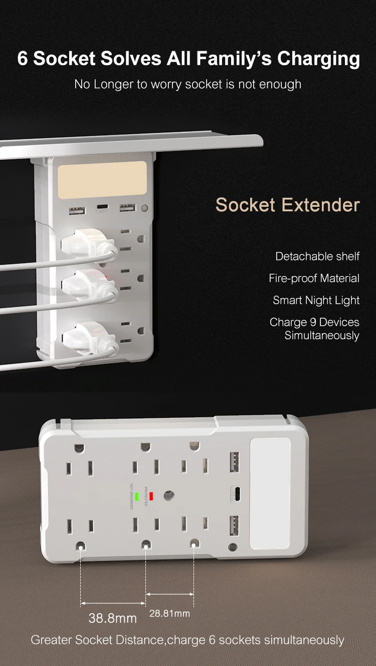 Wontravel Plug Surge Protector USB-C Adapter Rack USB Socket Wall Charger 6 Outlet Extender with Night