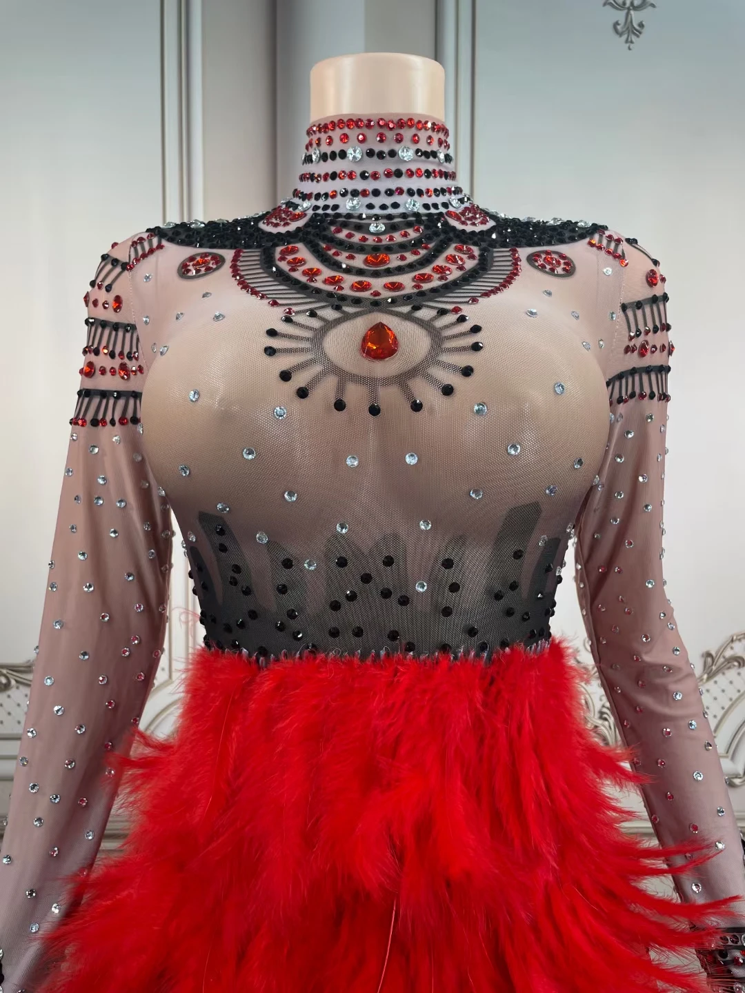 AD1447 Kimshein Women Fancy Long Sleeve Split Mesh Fabric Red Feathers Crystal Dress Party Evening Performance Clothing