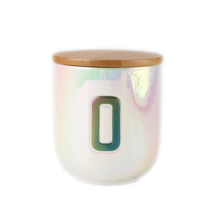 ECO friendly pearl glaze aromatherapy candle cup custom wax filling cup with lid digital ceramic cup wooden lid candle jar