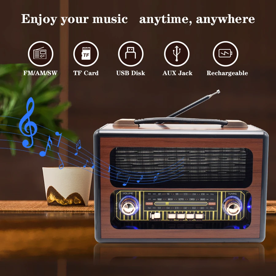 2022 Classic Design FM AM SW Radio Receiver Old Style Radio Portable Handle Vintage Retro Rechargeable Multi-band with Light