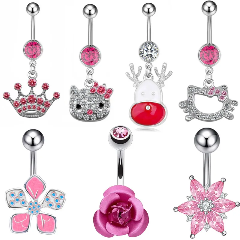 Hot Selling High Quality Long Dangle Navel Belly Rings Body Piercing Jewelry Vintage Color Crystal Flower Deer Belly Button Ring
