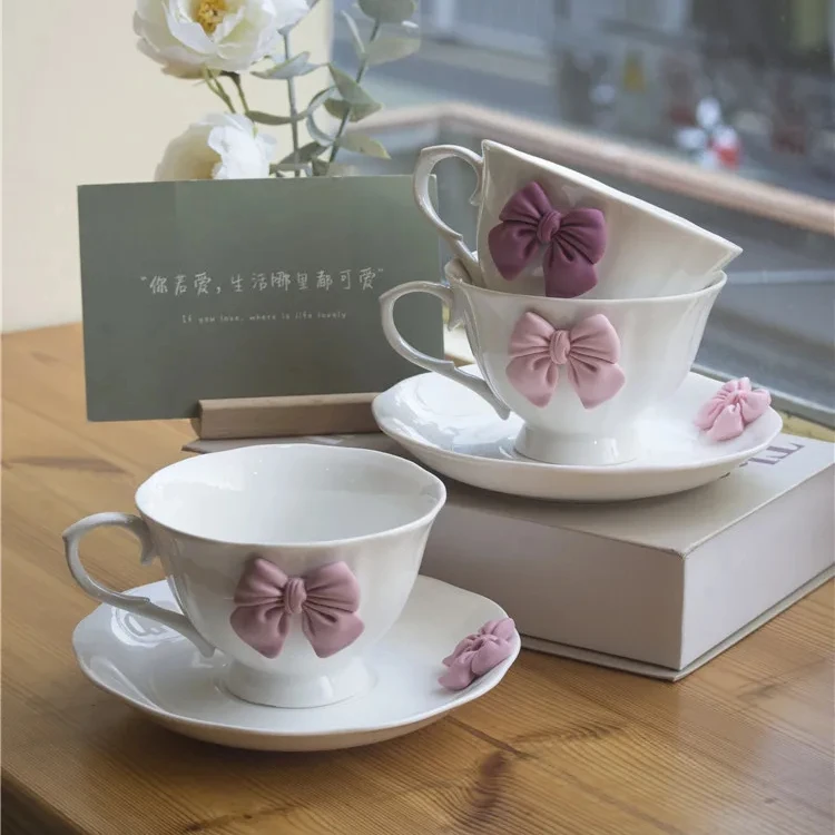 Simple 7oz Bow Design Ceramic Cup and Saucer Set for Restaurant