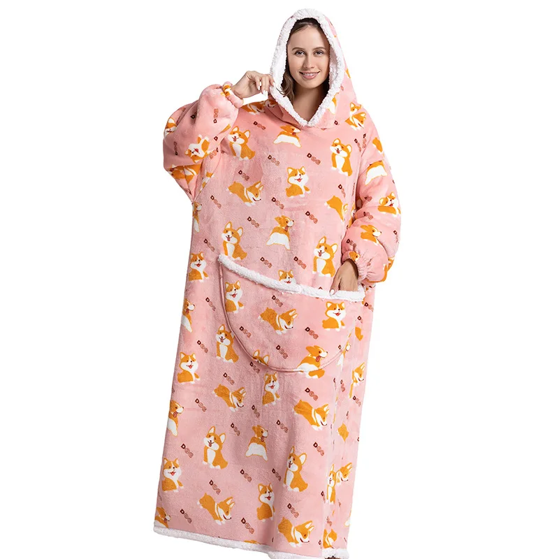 Hot Sale Outdoor Warm Flannel Pajamas TV Blanket Hooded Pullover Lazy Wearable Blanket with Two Creative Pockets 2 buyers