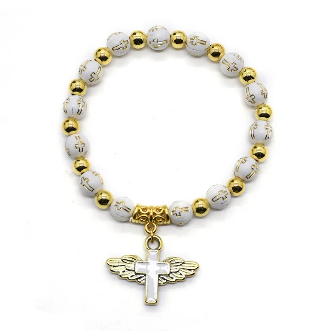 Angel Cross Bracelet Plastic Gold beads Cross Rosary Bracelet Stretch Rope Hand String Wash Gift