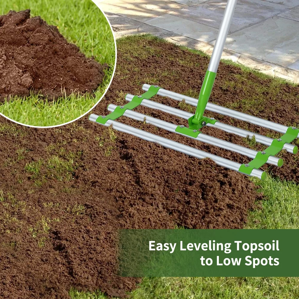 VERTAK 24 inch Tine Aluminum Garden Lawn Leveling Rake Manual Farm Soil Spreader