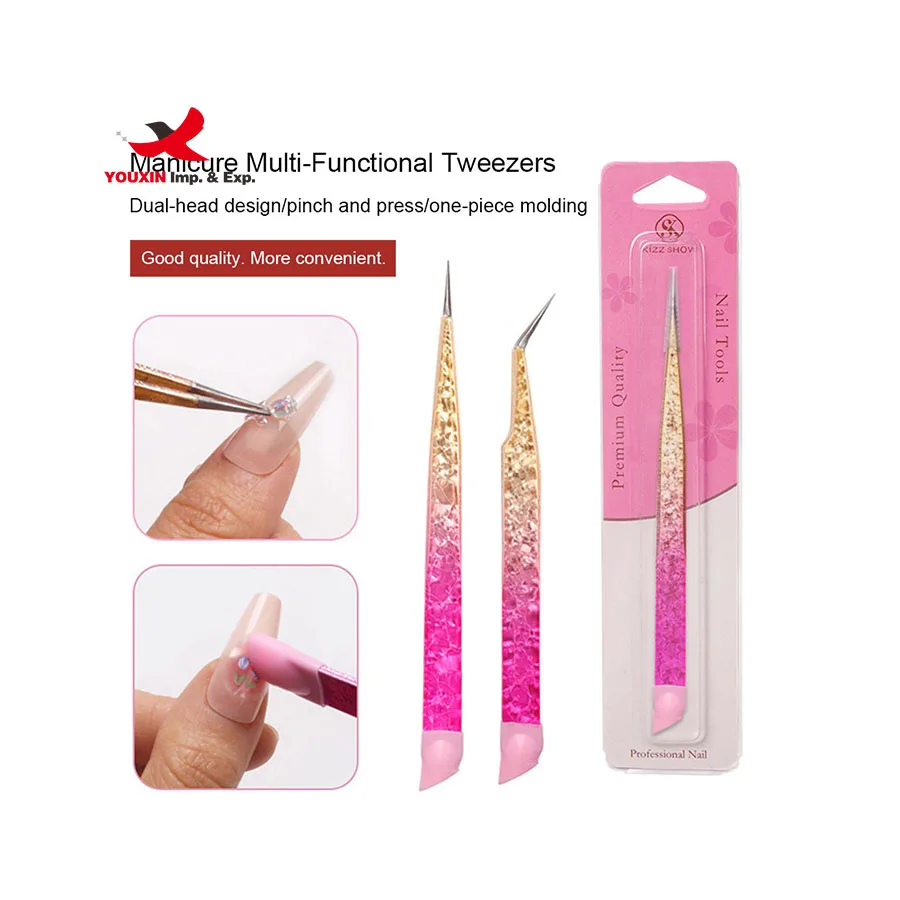 Multifunctional double headed tweezers for gripping nail stickers with silicone press rods for embossing nail art tool