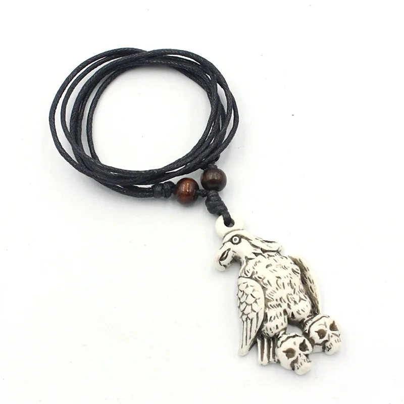 Chinese Tibetan Traditional Faith Amulet Necklace Creative Design White Resin Carved Skull Head Eagle Pendant Necklaces for Men