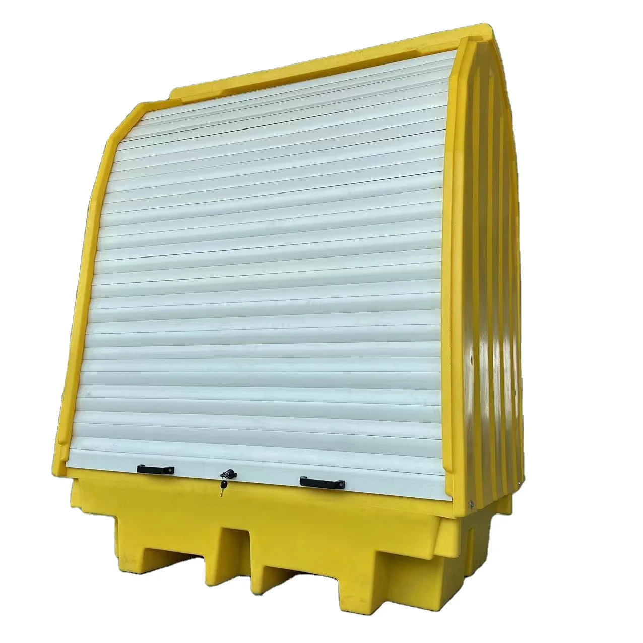 4x205ltr Drums 410ltr Sump Capaty 1420x1470x2070mm outdoor Hard Covered Drum Spill Pallet with Lockable Roller Shutter Door