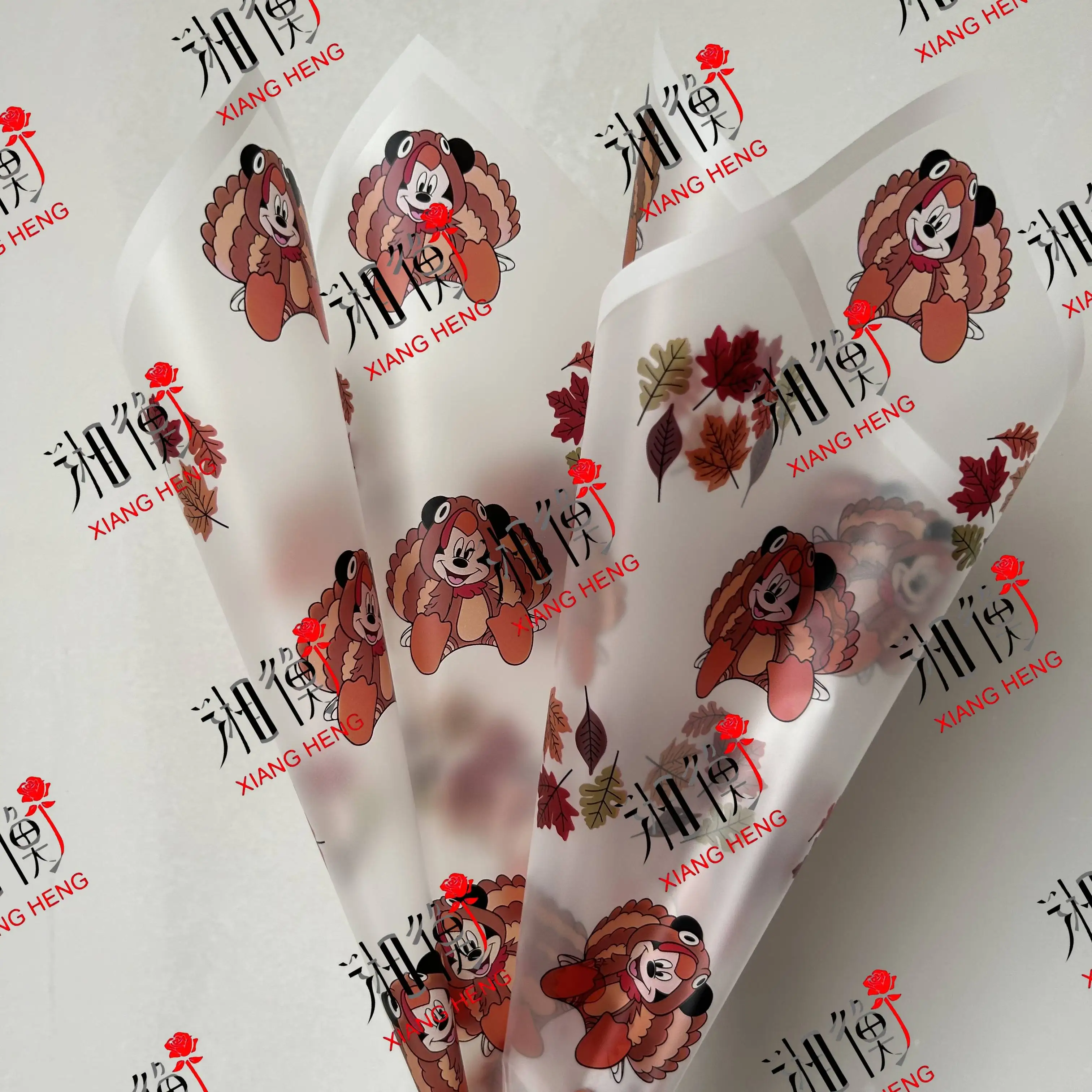 Thanksgiving Style Cartoon Mickey Mouse & Turkey Waterproof Frosted Flower Wrapping Paper Autumn Maple Leaf Florist Wrap Harvest