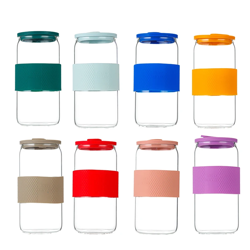 16oz 20oz clear blank sublimation beer can shaped glass cups iced coffee glass bottle with lid straw silicon rubber sleeve