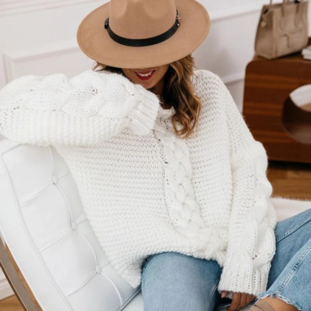 Winter Fashion Clothing Ladies Solid Pullover V-neck Twist Loose Sweater Casual Knitted Sweater Women