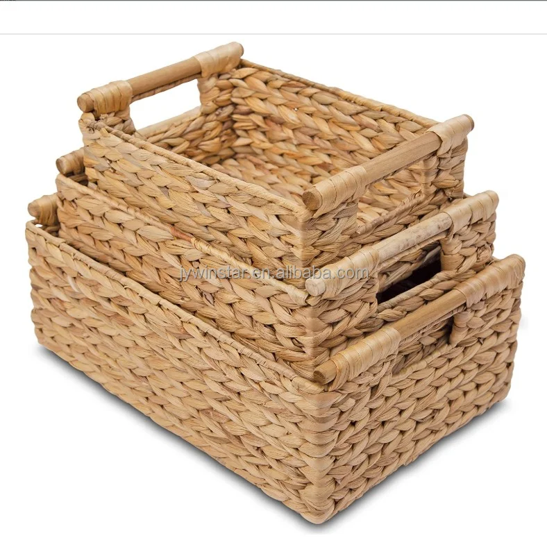 woven shallow storage basket  Storage Works Hand-Woven Small Wicker Basket Seagrass Storage Baskets with Wooden Handles