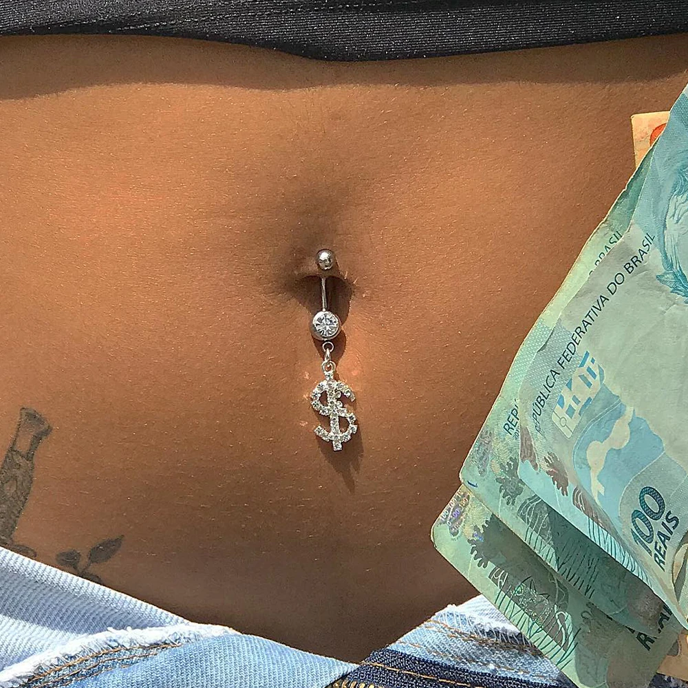 QIFEI Hip Hop Dollar Belly Button Nail Rings Punk Rhinestone Dangle Belly Piercing Jewelry Belly Chain